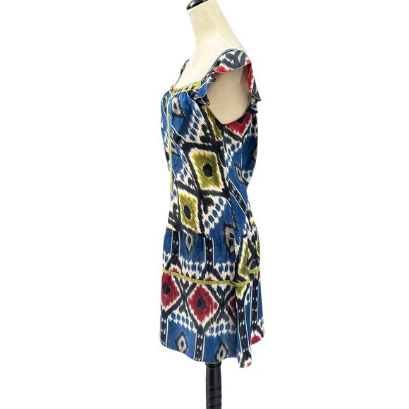 Burning Torch Colorful Ikat Print Embellished Square Neck 100% Silk Dress - Picture 2 of 11